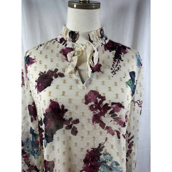 Soft Surroundings Floral Metallic Blouse Tie Neck Bell Sleeve Size S Multicolor - Picture 2 of 9